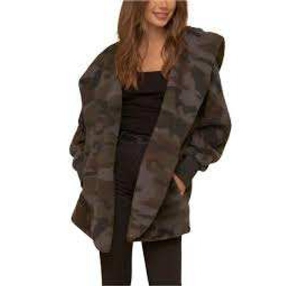Hem & Thread Womens Camo Sherpa Jacket Hooded Open Front Camouflage One Size NEW